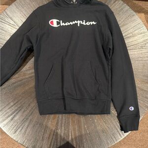CHAMPION BLACK POWERBLEND HOODIE, FULL SCRIPT LOGO